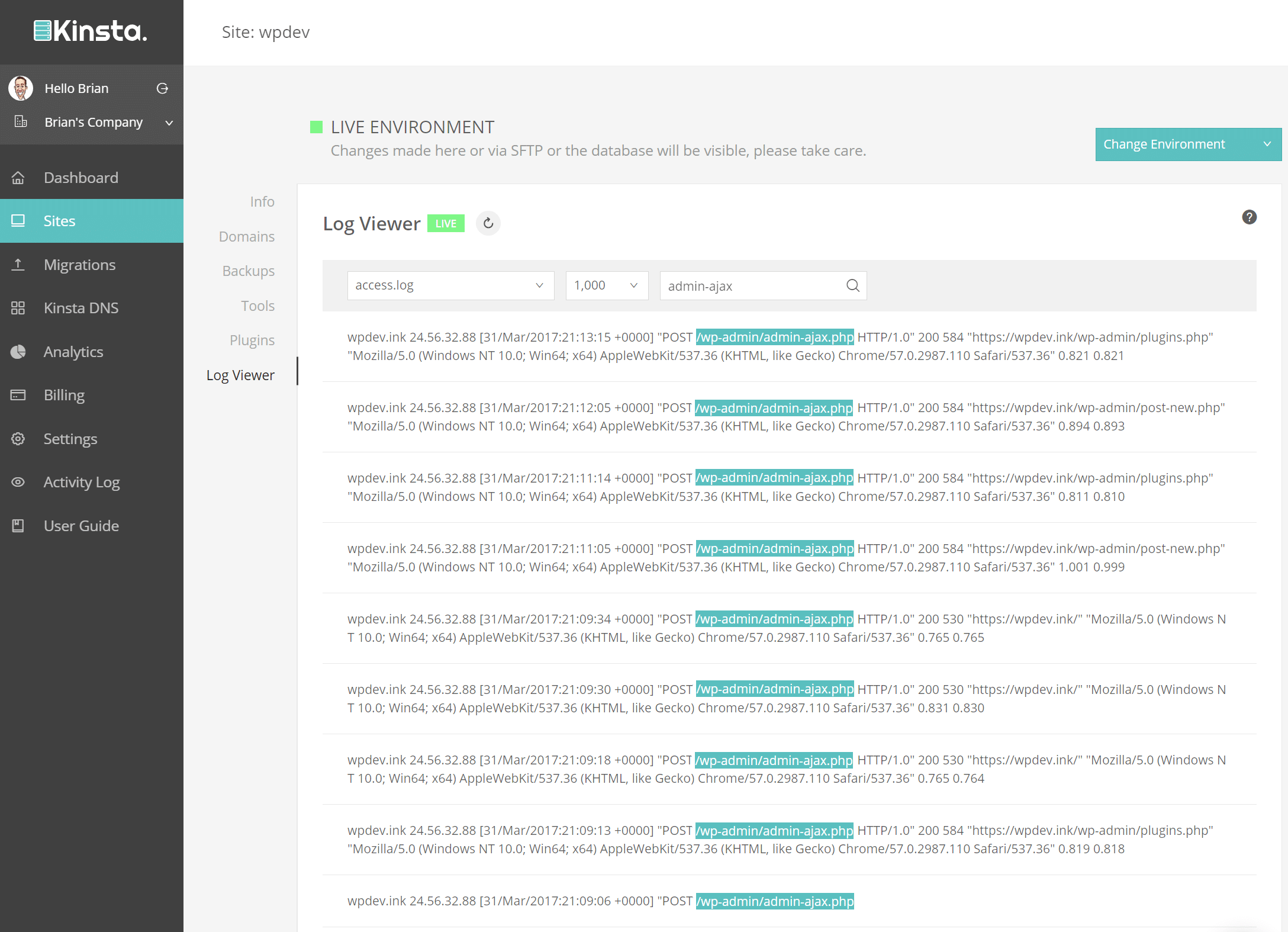 admin-ajax php requests access log