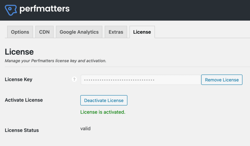 Perfmatters license is activated