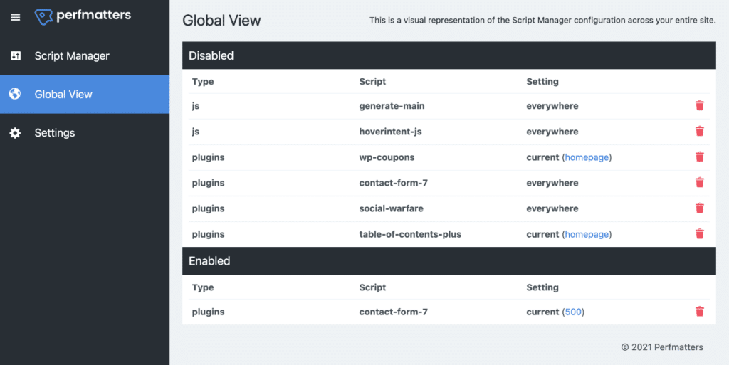 Perfmatters Script Manager global view