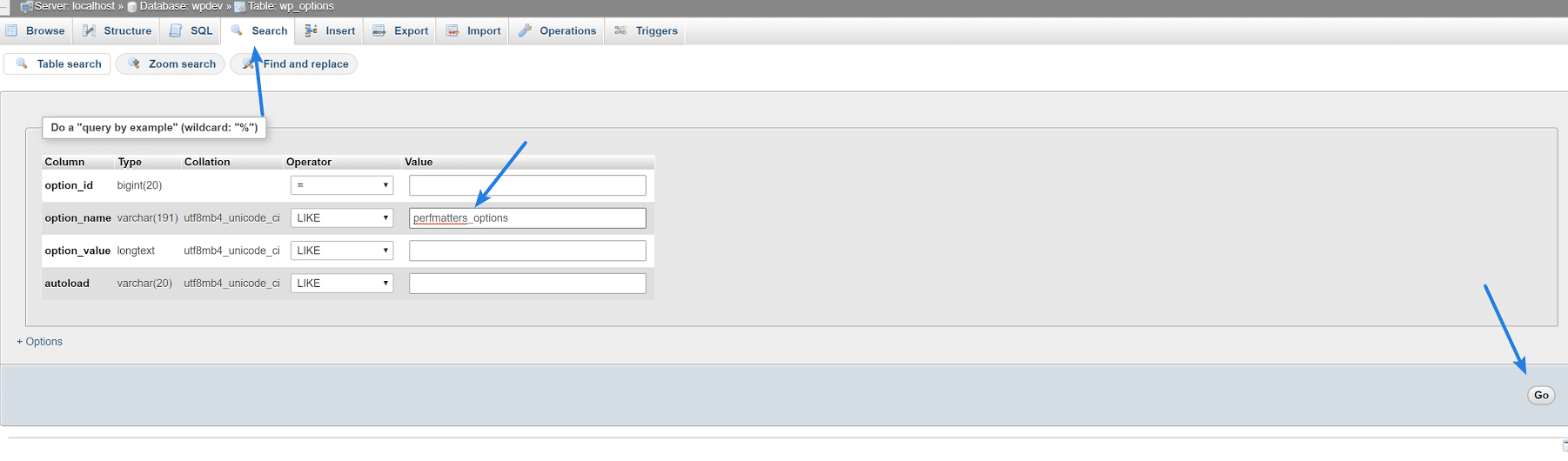 Search wp_options table