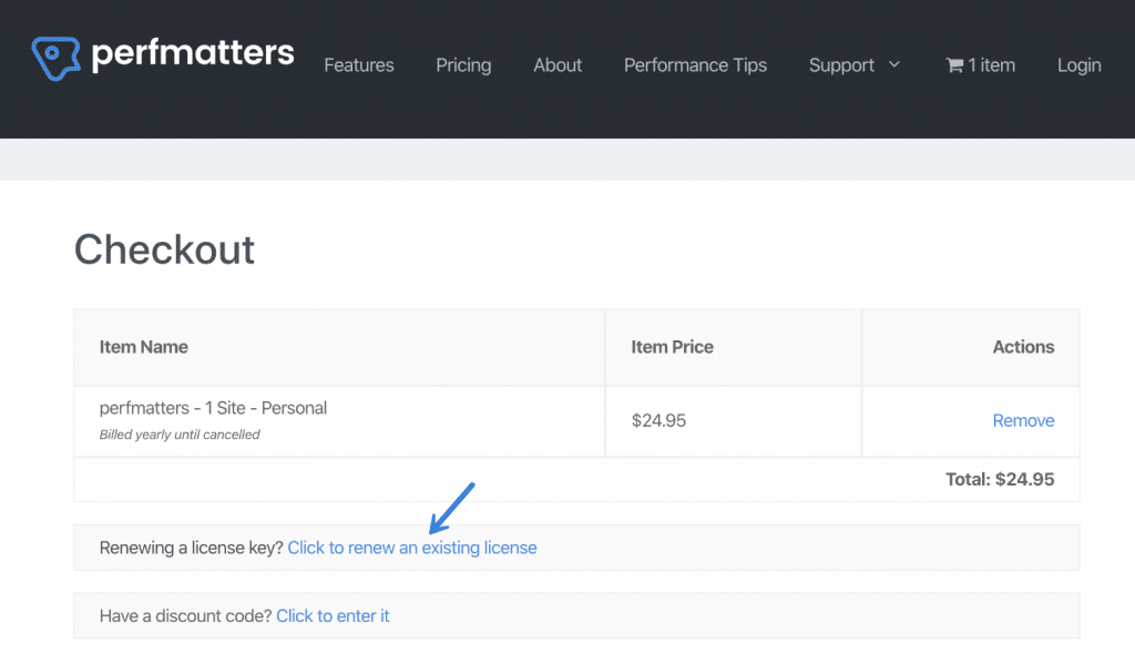 Perfmatters renew an existing license