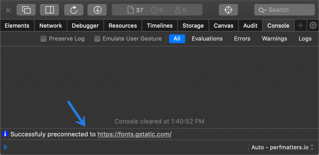 Preconnect in Safari Console