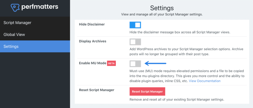 Enable MU mode in Perfmatters