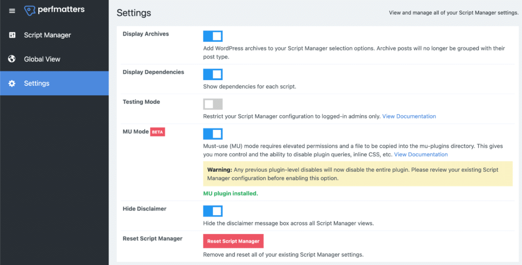 Perfmatters script manager settings