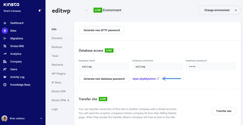 Kinsta phpMyAdmin link