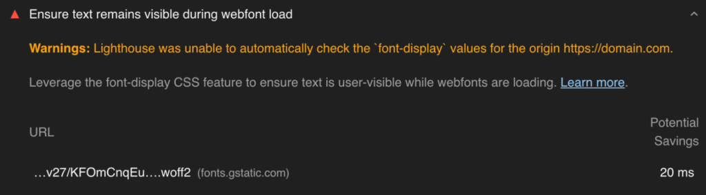 Ensure text remains visible during webfont load warning in Lighthouse