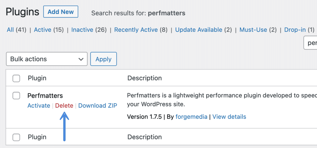 Delete Perfmatters plugin