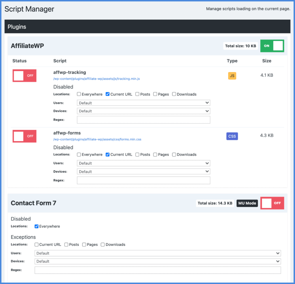 Perfmatters Script Manager