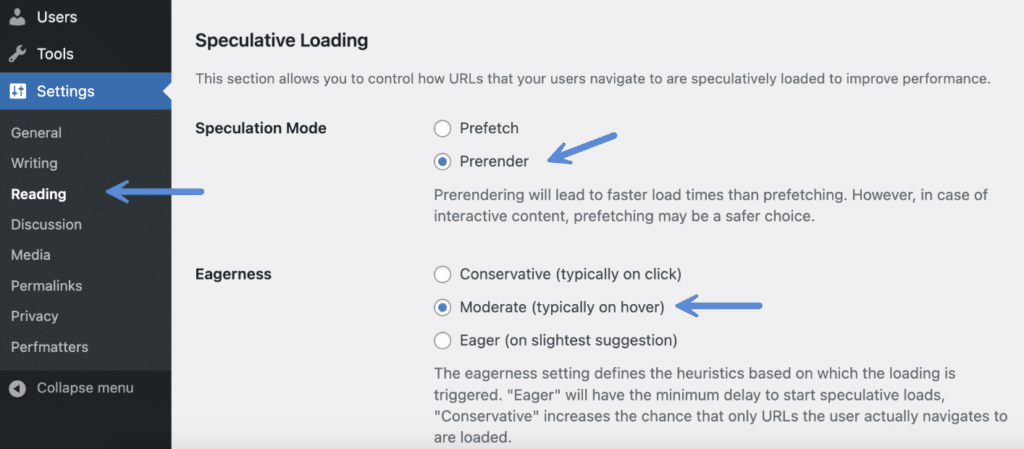 Speculative Loading plugin settings