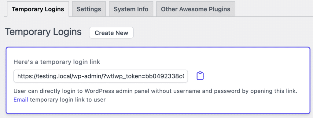 Temporary WordPress login link
