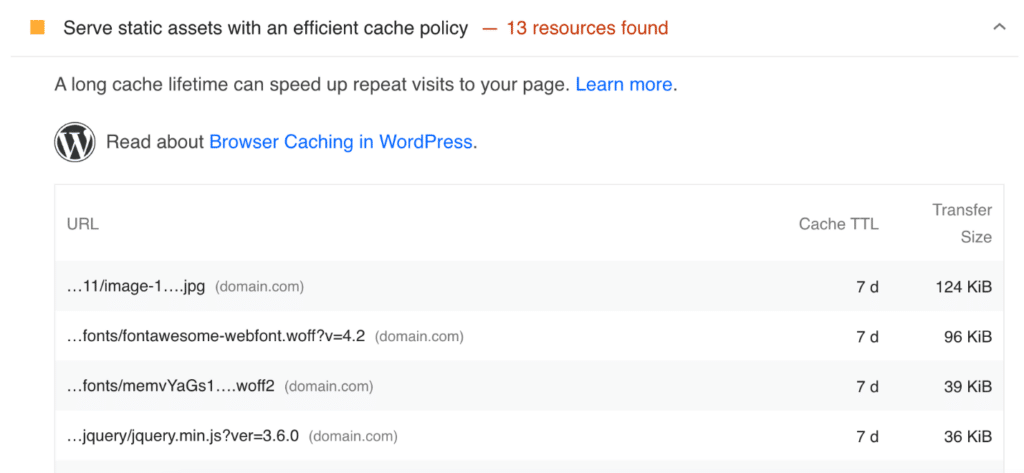 Serve static assets with an efficient cache policy warning