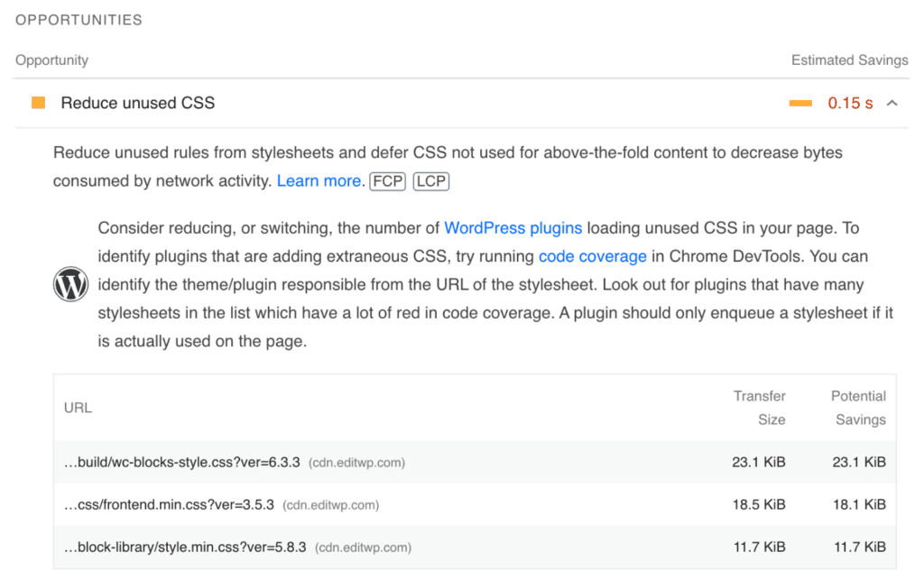 Reduce unused CSS warning in PageSpeed Insights