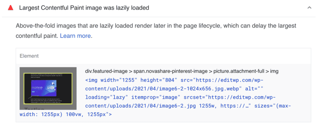 Largest Contentful Paint image was lazily loaded warning
