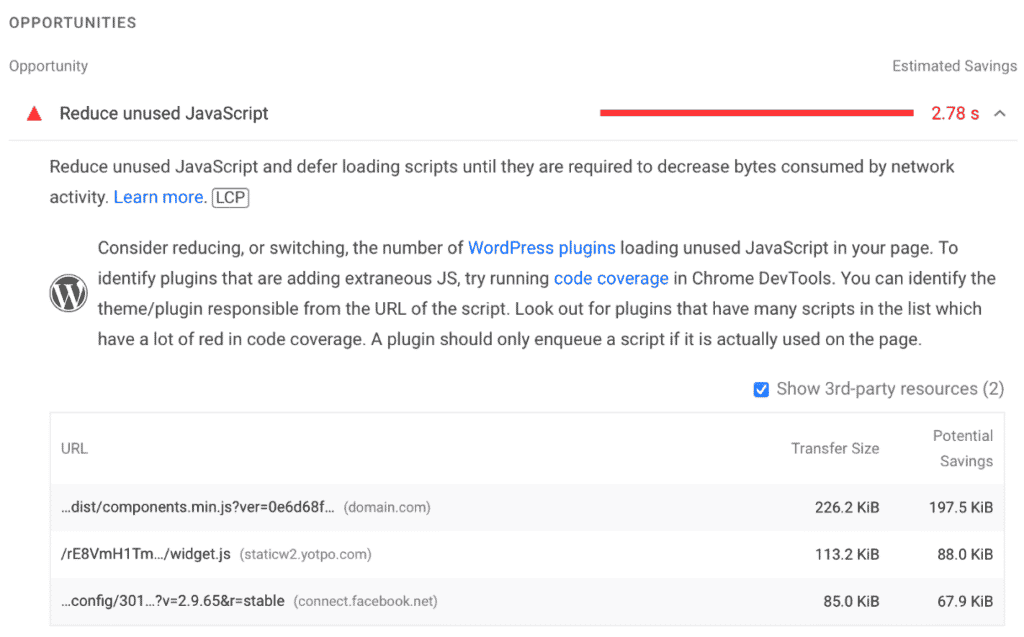 Reduce unused JavaScript warning in PageSpeed Insights