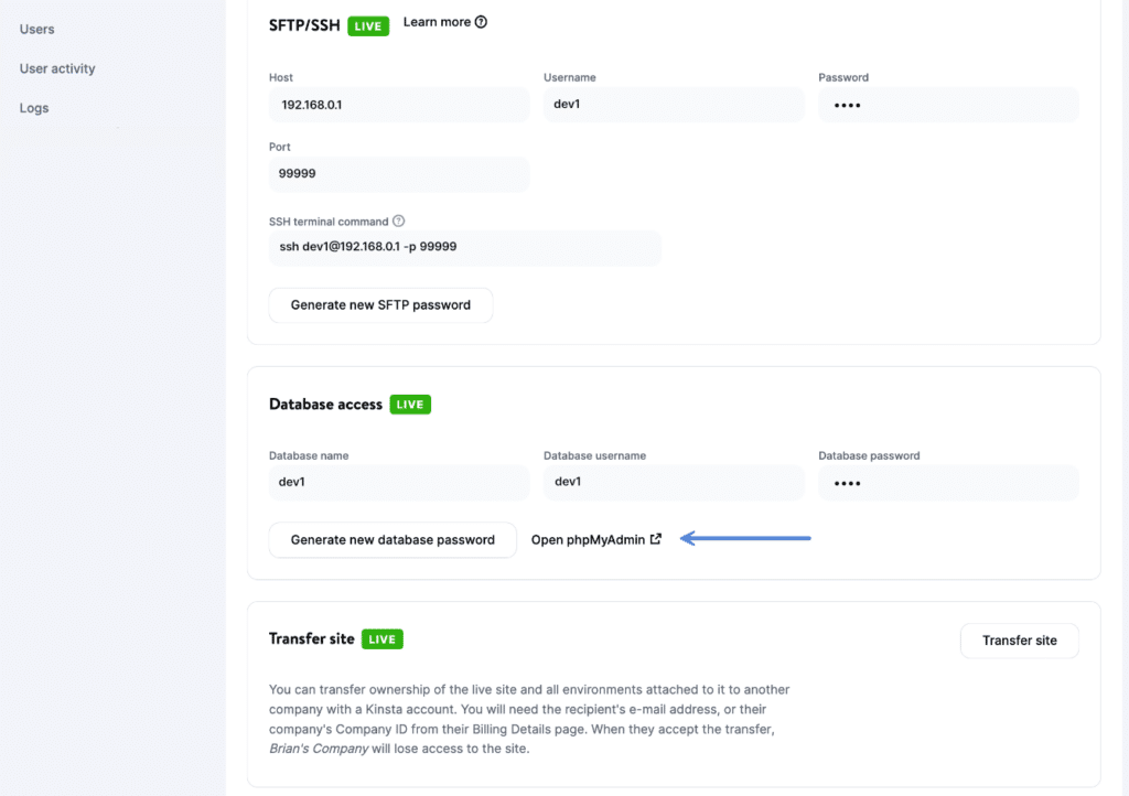 Kinsta phpMyAdmin link