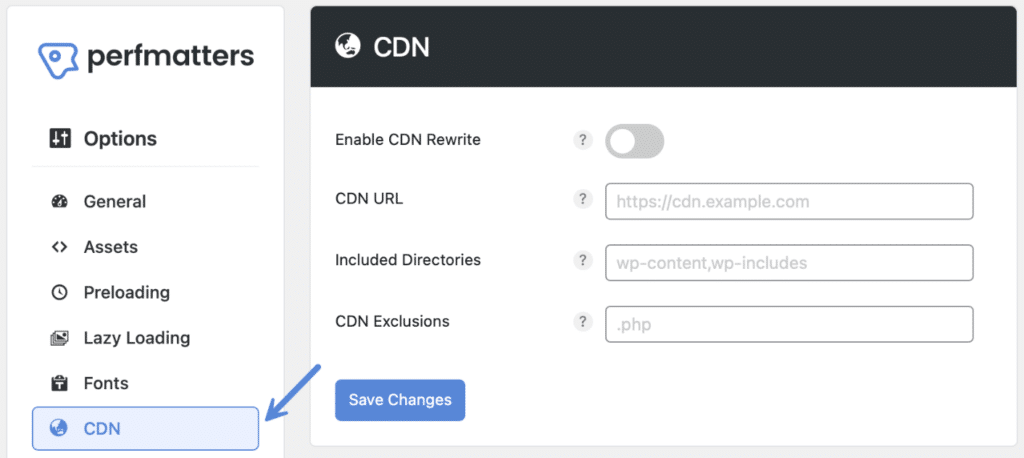 Perfmatters CDN submenu