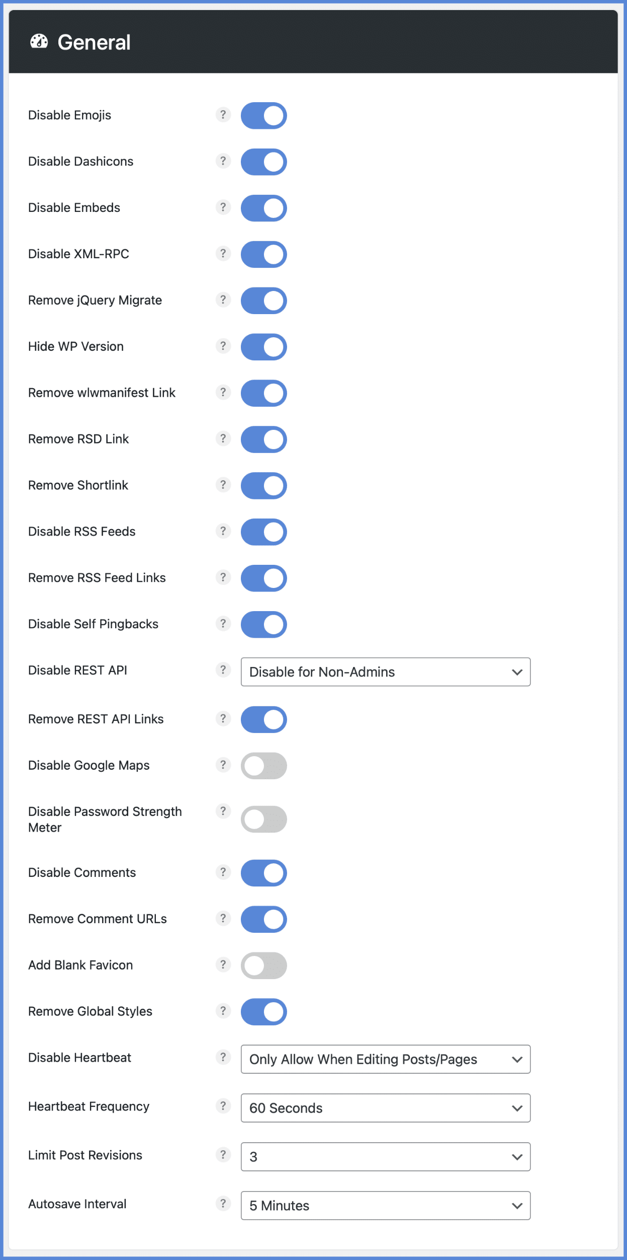 Perfmatters quick toggle options