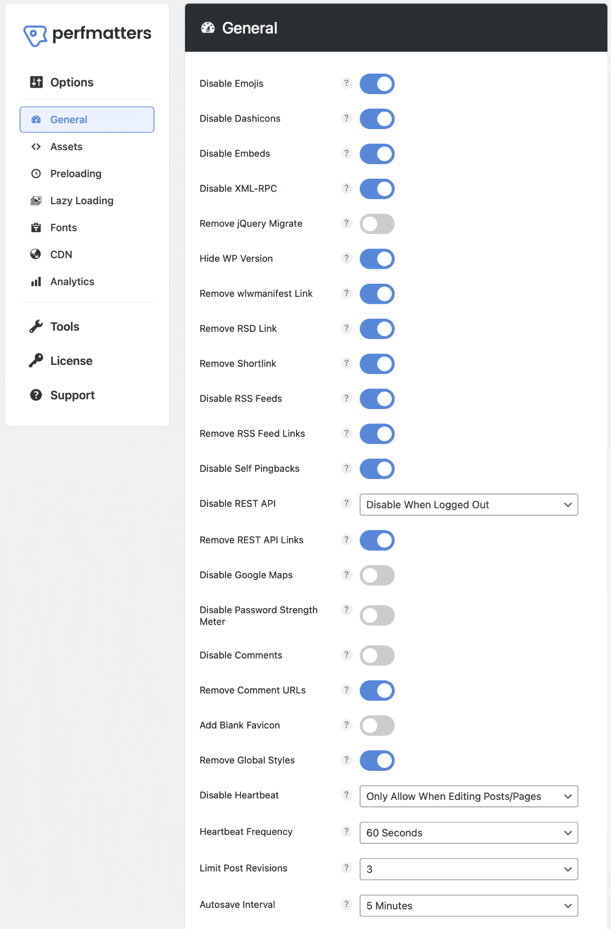 Perfmatters quick toggle options