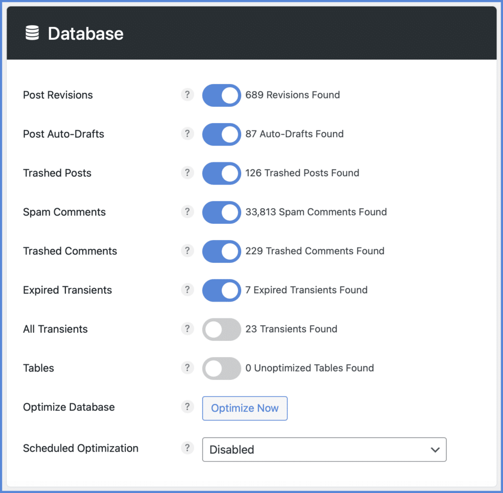 WordPress database optimization in Perfmatters