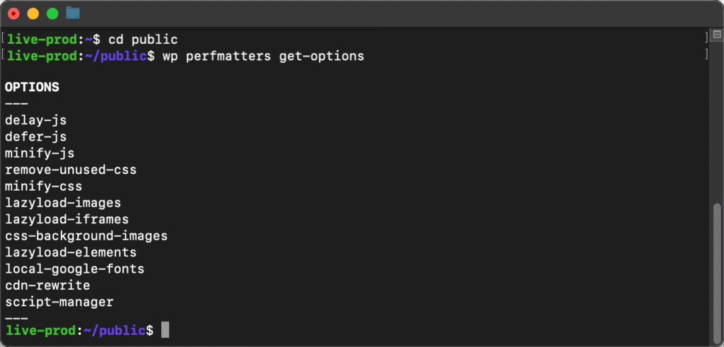Perfmatters WP-CLI get-options