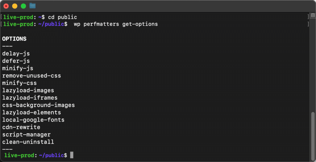 Perfmatters WP-CLI get-options