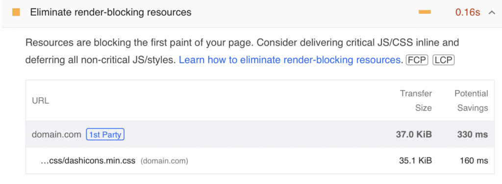 Dashicons render-blocking warning in PageSpeed Insights