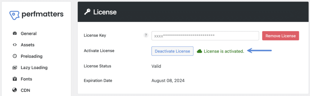 Perfmatters license is activated