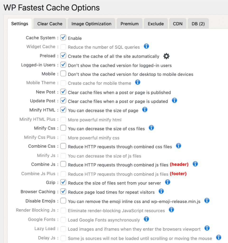WP Fastest Cache settings
