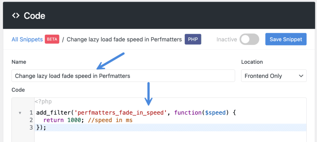 PHP code snippet in Perfmatters