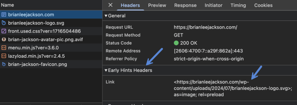Early Hints Headers section in Chrome DevTools