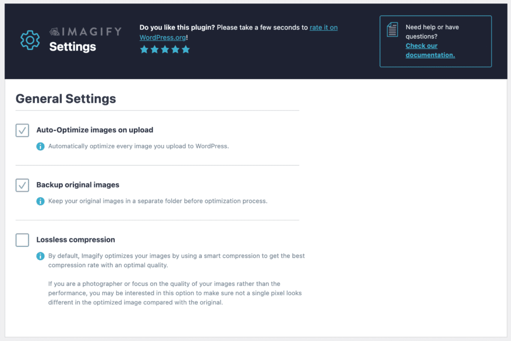 Imagify plugin settings