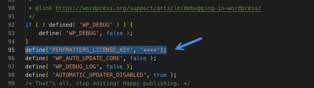 Perfmatters license key in wp-config.php