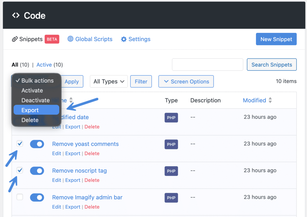 Bulk export code snippets