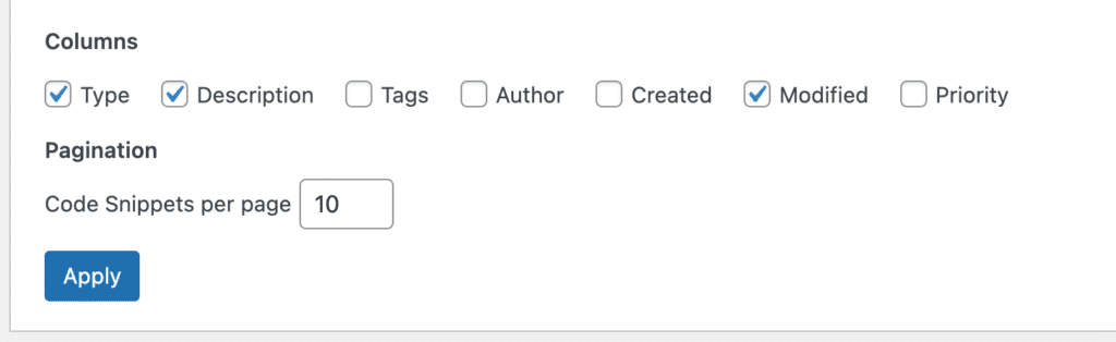 Code snippets columns and pagination