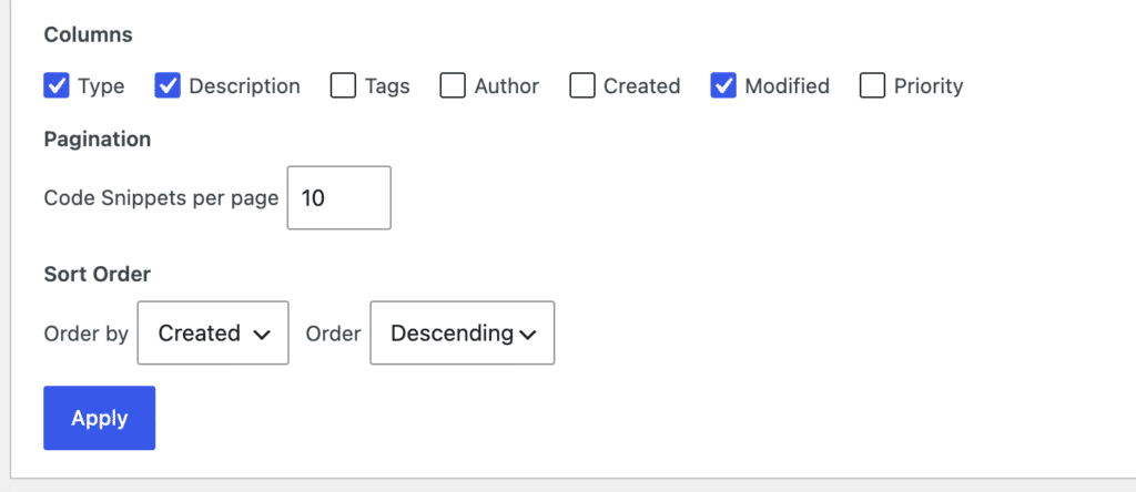 Code snippets columns, pagination, and sort order