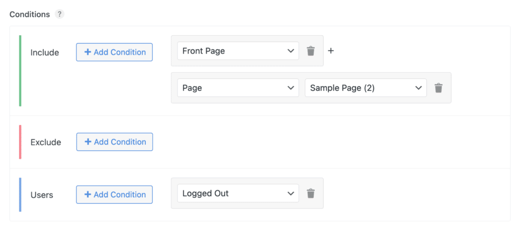 Code snippets conditions example