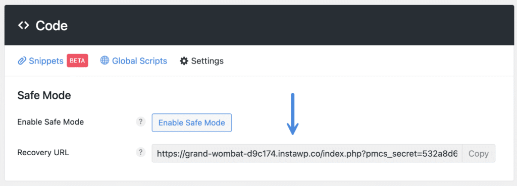Code snippets recovery URL