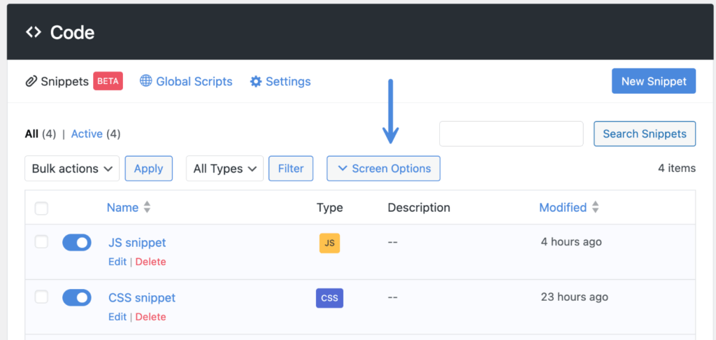 Code snippets screen options