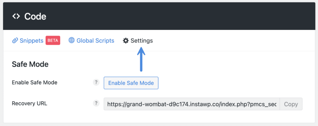 Code snippets settings