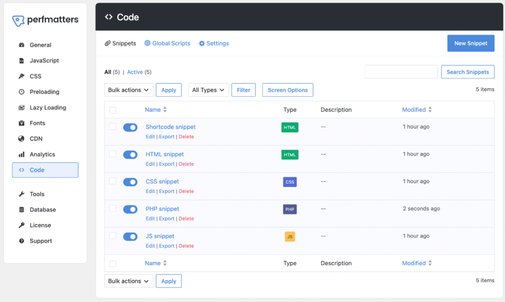 Perfmatters code snippets